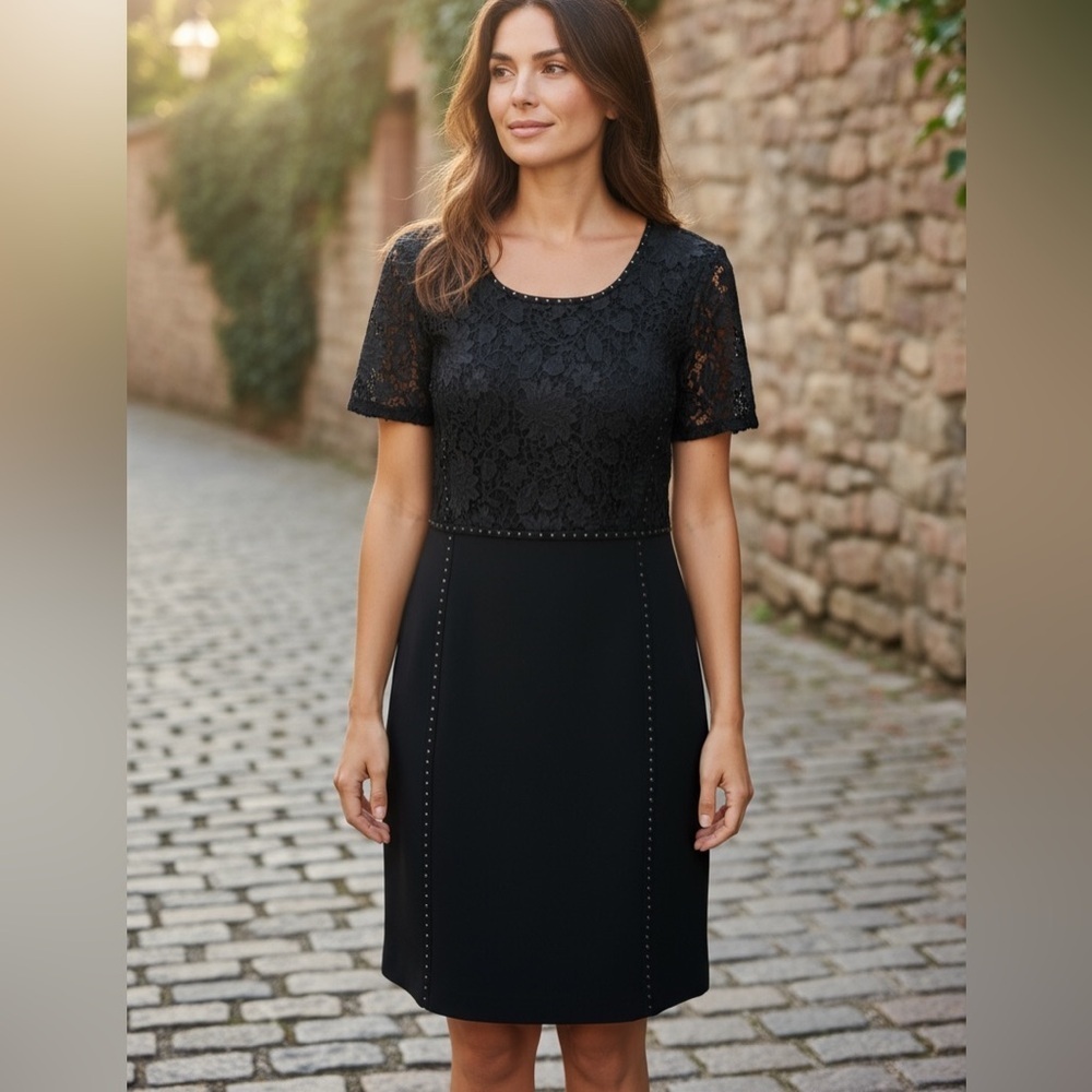 French Connection Lace Crochet Dress Size 12 Black Short Sleeves Party Formal